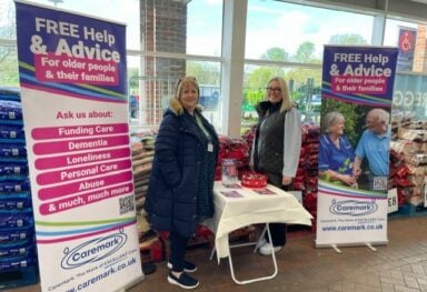 Samantha Cameron and Sarah jones at Caremark's advice and support for the elderly stand at Tesco Guildford