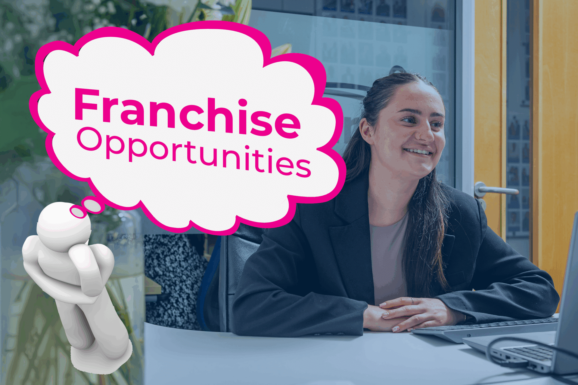 Caremark franchise team member smiling at a desk, with a pink thought bubble that reads “Franchise Opportunities”
