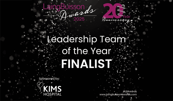 LaingBuisson Awards 2025 graphic showing Caremark as Leadership Team of the Year finalist, sponsored by KIMS Hospital