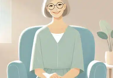 DALL·E .. Minimalist digital illustration of an elderly woman sitting happily in a soft blue armchair, smiling warmly. She is wearing a simple pastel mint green