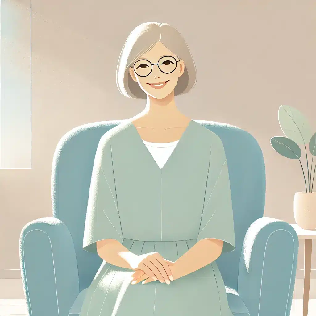DALL·E .. Minimalist digital illustration of an elderly woman sitting happily in a soft blue armchair, smiling warmly. She is wearing a simple pastel mint green