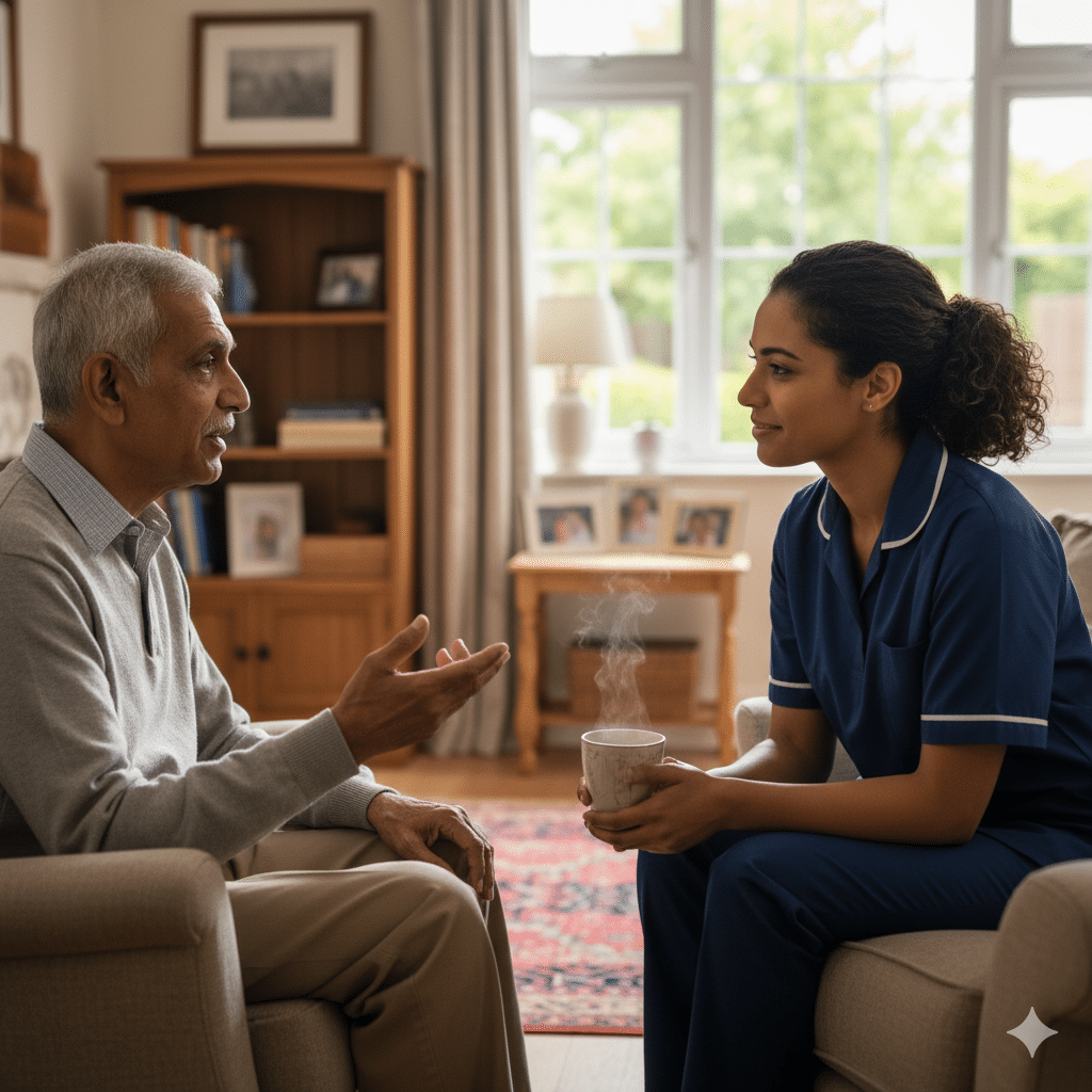An older man speaking to a friendly home carer in a living room, illustrating supportive conversation and care for men's mental health.