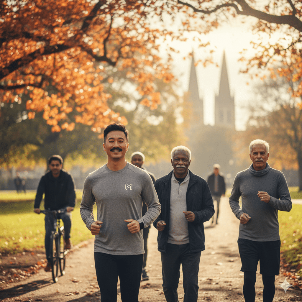A group of diverse, active men walking and jogging together in a park, representing the "Move for Movember" challenge and the benefits of exercise for men's health.