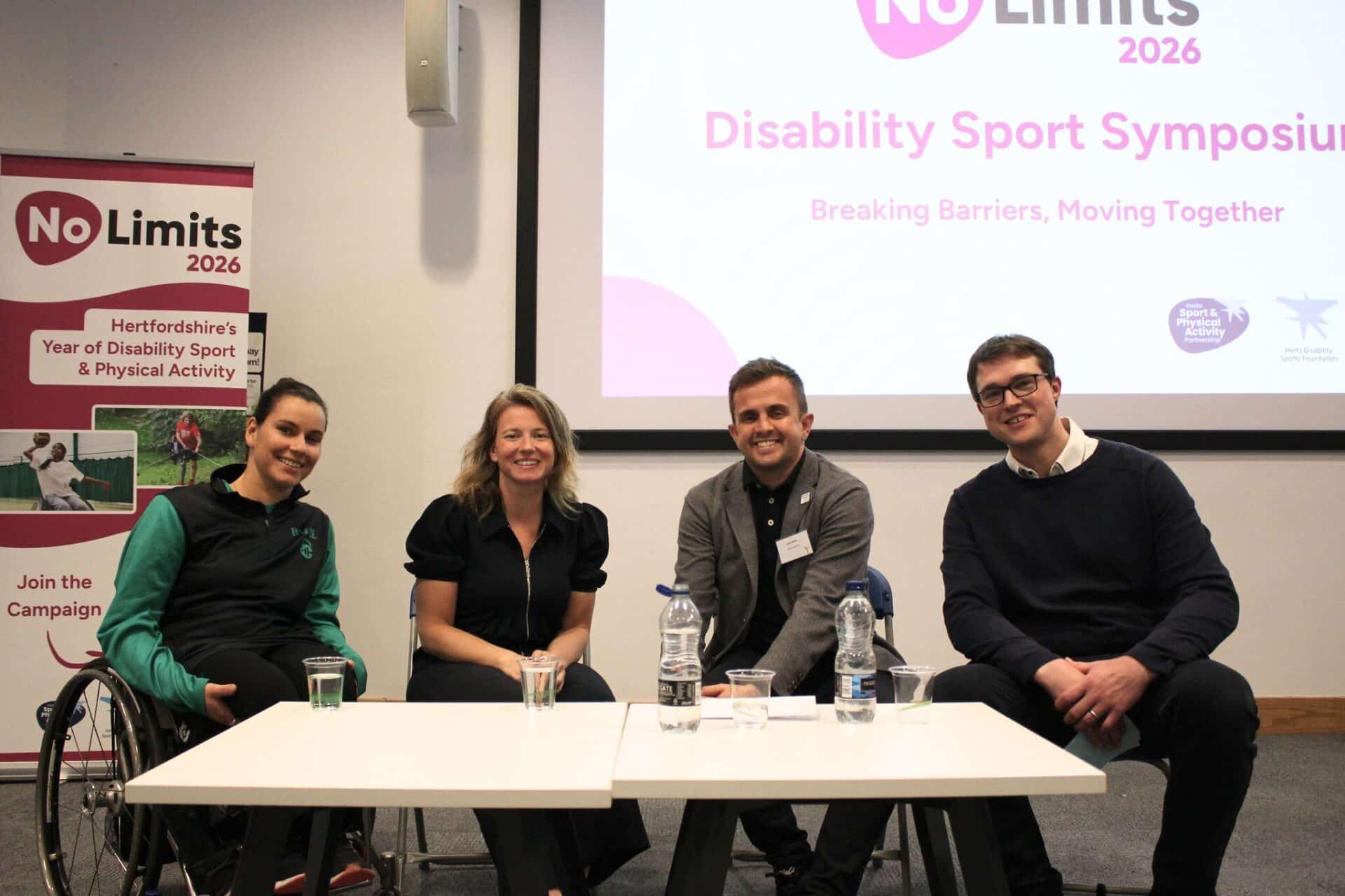 Panel at the Disability Sport Symposium for No Limits 2026. Ella Beaumont, Lyndsey Hollands, Strategic Lead for Disability and Inclusion at British Cycling, Adam Blaze Chief Executive of Activity Alliance, and Dr Chris Brown, (Chair), Senior Lecturer at University of Hertfordshire and host of the Disability Sport Info podcast, specialising in Paralympic legacy and inclusion