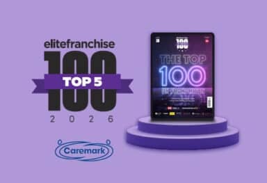 Caremark ranked number 5 in the Elite Franchise Top 100 2026 against the biggest UK franchises. The ranking is shown on a purple podium graphic with the Top 100 UK Franchises magazine cover.