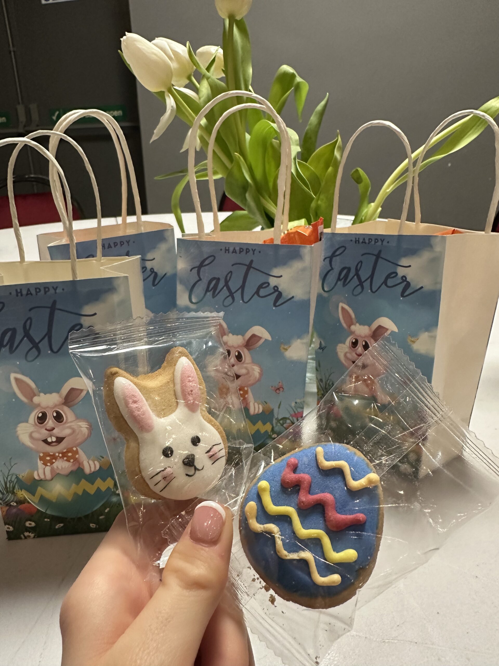 The easter egg gift bags that the service users received with the easter egg biscuits included