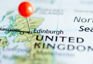 Map pin marking Edinburgh, Scotland, to illustrate franchises in Scotland and Caremark’s growing presence