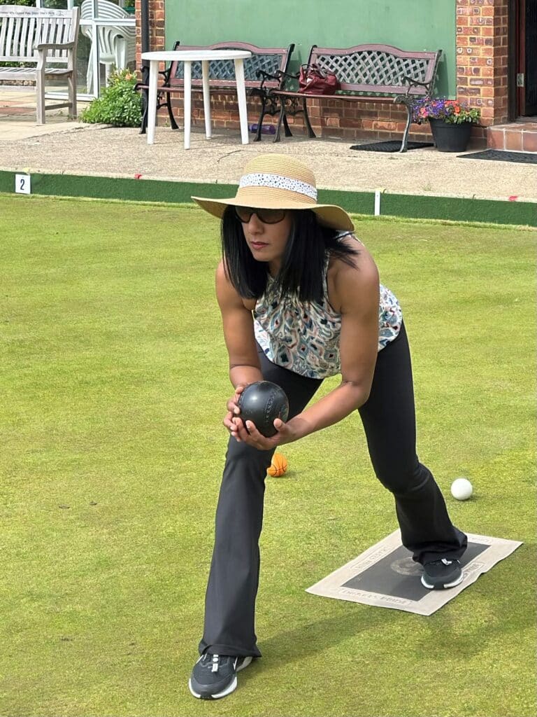 Marketing and Community Engagement Manager of Caremark North Herts and Stevenage, Sharon Stevens playing outdoor bowls