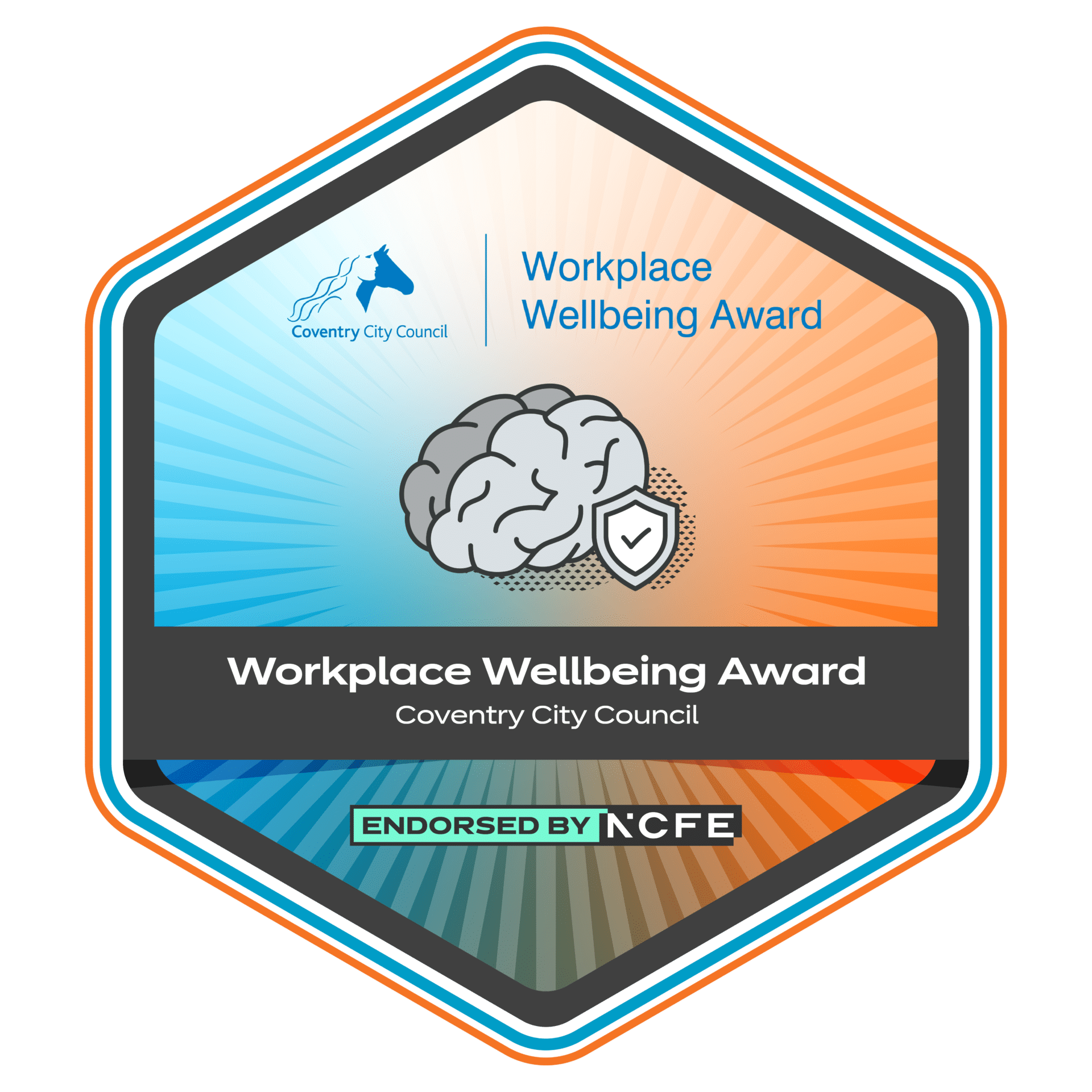 Workplace Wellbeing Award badge from Coventry City Council. The hexagonal badge features the Coventry City Council logo, the words 'Workplace Wellbeing Award', an illustration of a brain with a shield symbolising mental health and wellbeing, and the text 'Endorsed by NCFE' at the bottom.