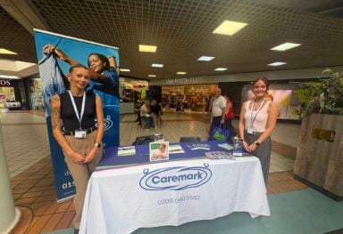 Millie and Alice from Caremark Wakefield at the Age UK coffee morning at The Ridings Shopping Centre
